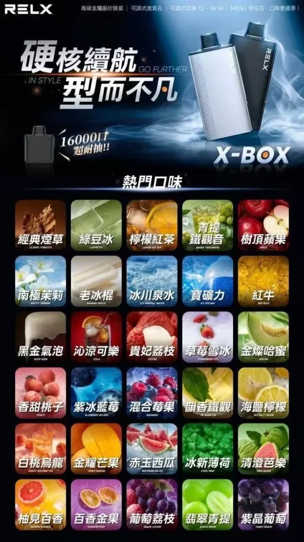 RELX-悅刻-X-BOX-16000口拋棄式電子煙-風味圖 RELX 悅刻 X-BOX 16000口專用換彈拋棄式電子煙套裝|雙段功率調節・網狀芯爆發力・換彈長效續航
